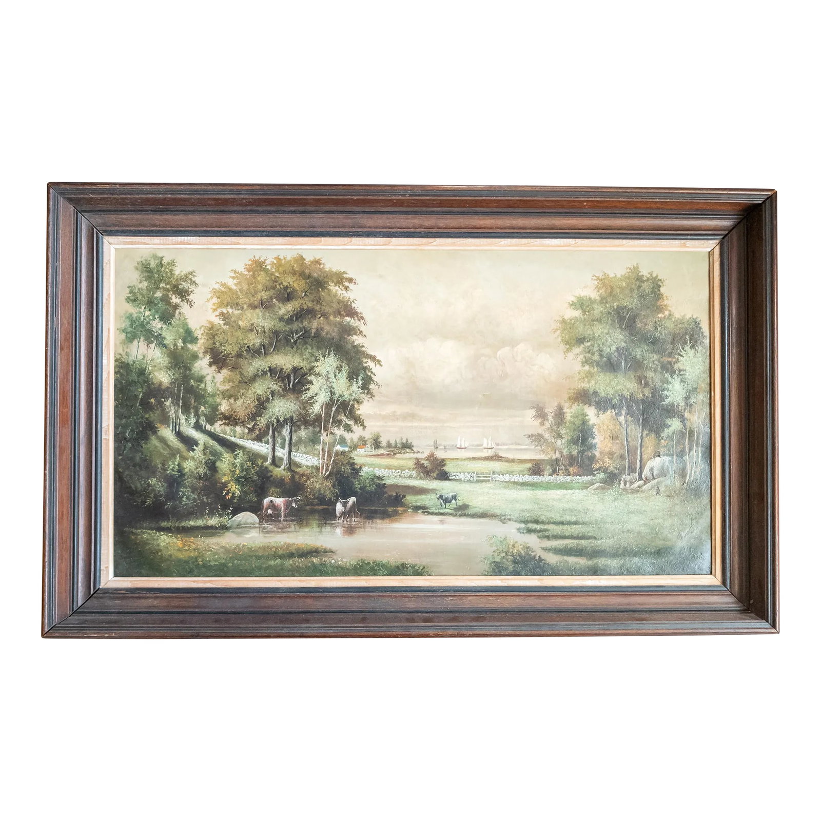 19th Century English or American Rustic Landscape Oil Painting With Cows: We are selling this nice rustic large landscape painting. We believe this painting is probably English, but could be a New England scene, and features a large naive landscape scene with some grazing c
