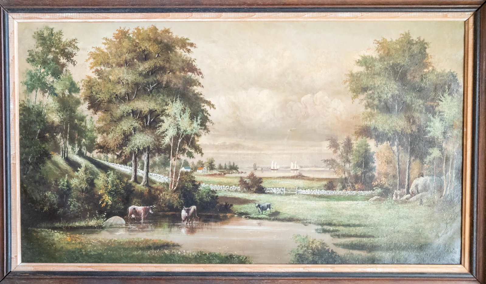 19th Century English or American Rustic Landscape Oil Painting With Cows - 2