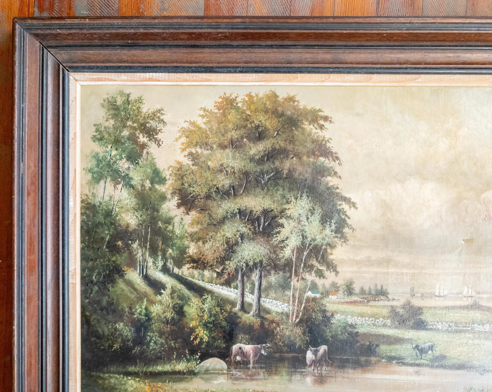 19th Century English or American Rustic Landscape Oil Painting With Cows - 3