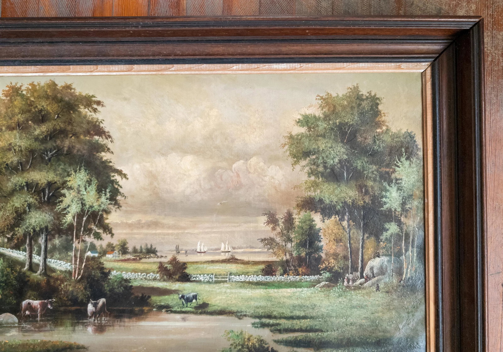 19th Century English or American Rustic Landscape Oil Painting With Cows - 4