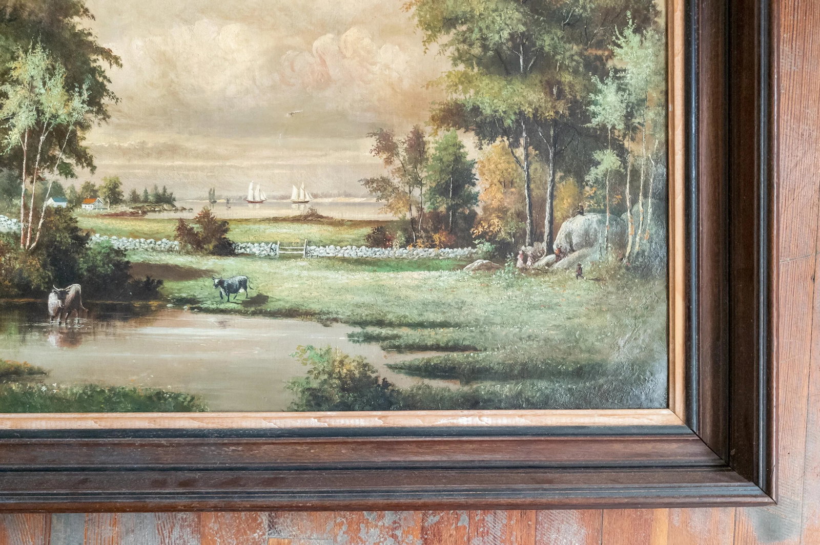 19th Century English or American Rustic Landscape Oil Painting With Cows - 5