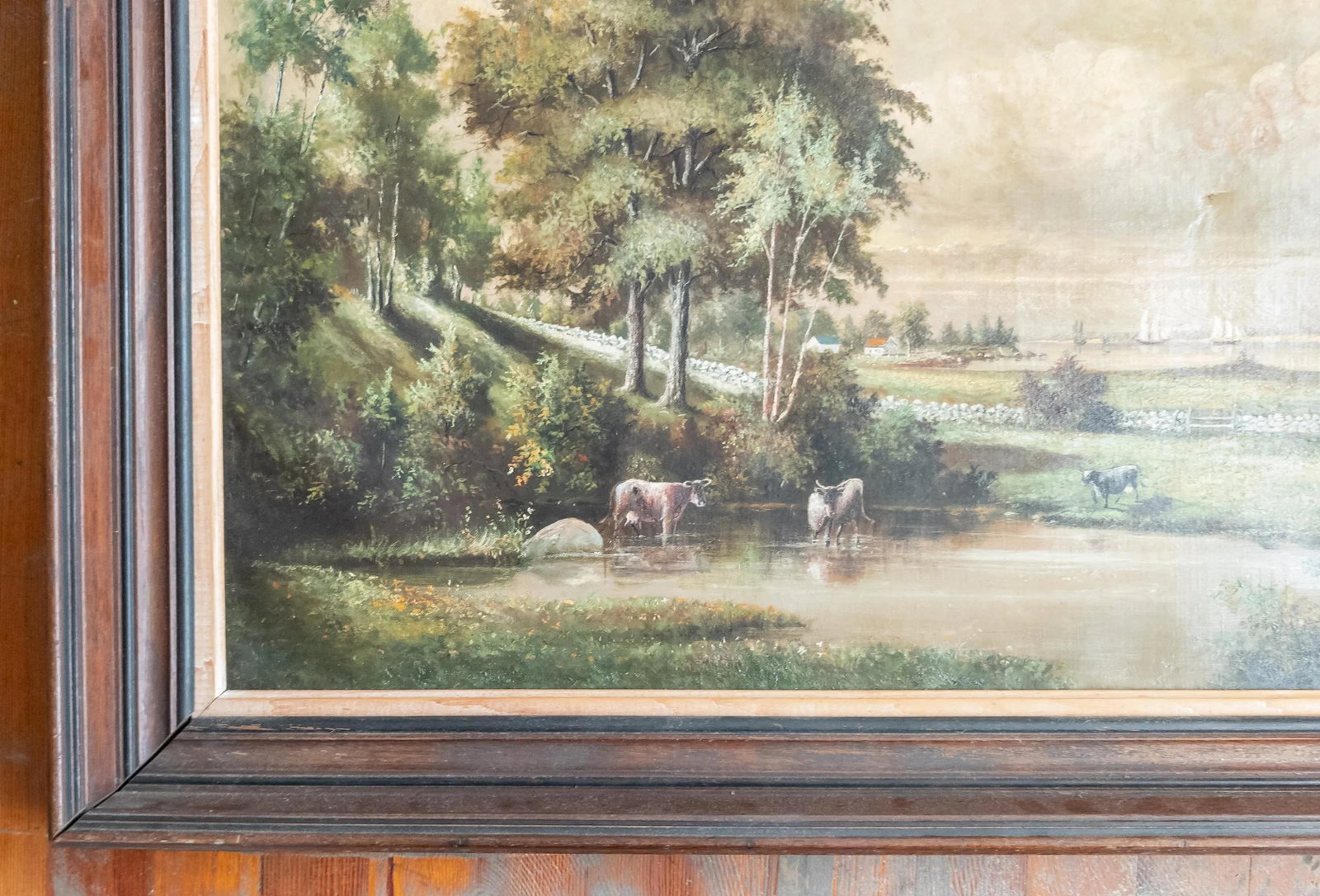 19th Century English or American Rustic Landscape Oil Painting With Cows - 6