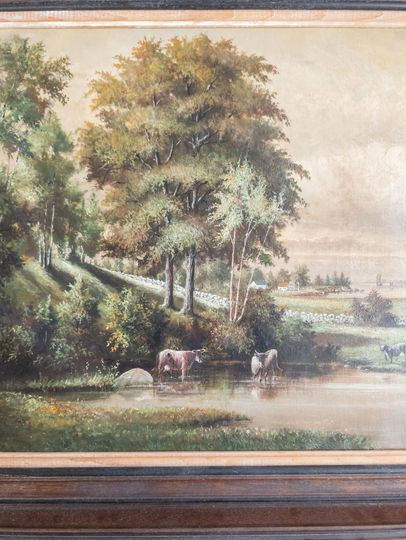 19th Century English or American Rustic Landscape Oil Painting With Cows - 7