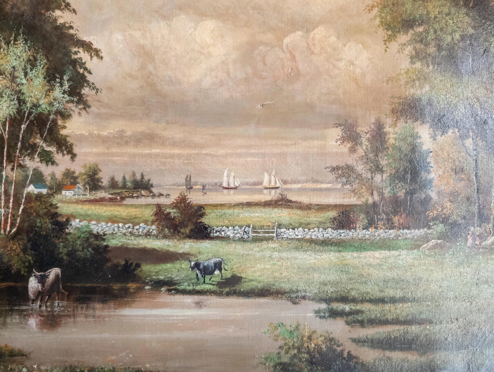 19th Century English or American Rustic Landscape Oil Painting With Cows - 8