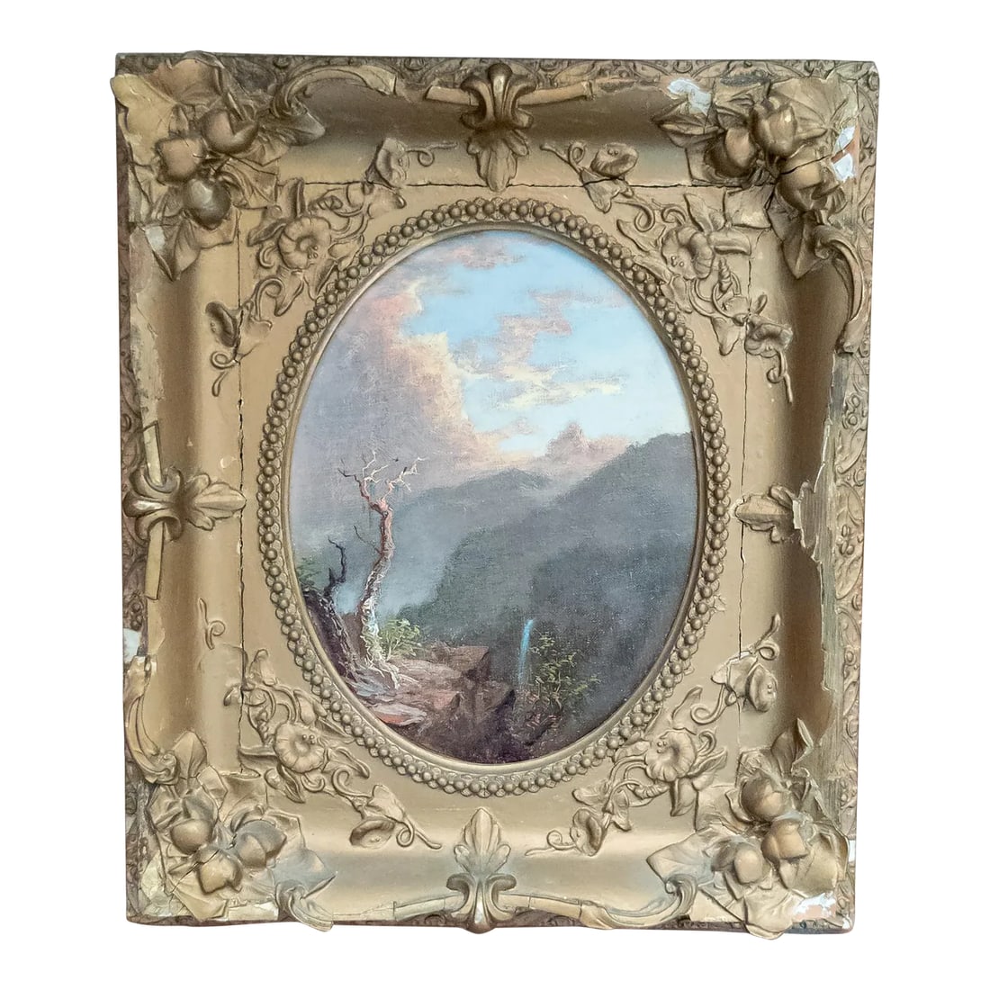 19th Century American Hudson River School Landscape Painting, Unsigned: We are selling this gorgeous small American Hudson River School style painting. This simple small oval painting features two dead trees in bright light with a mountainous landscape and waterfall in sh