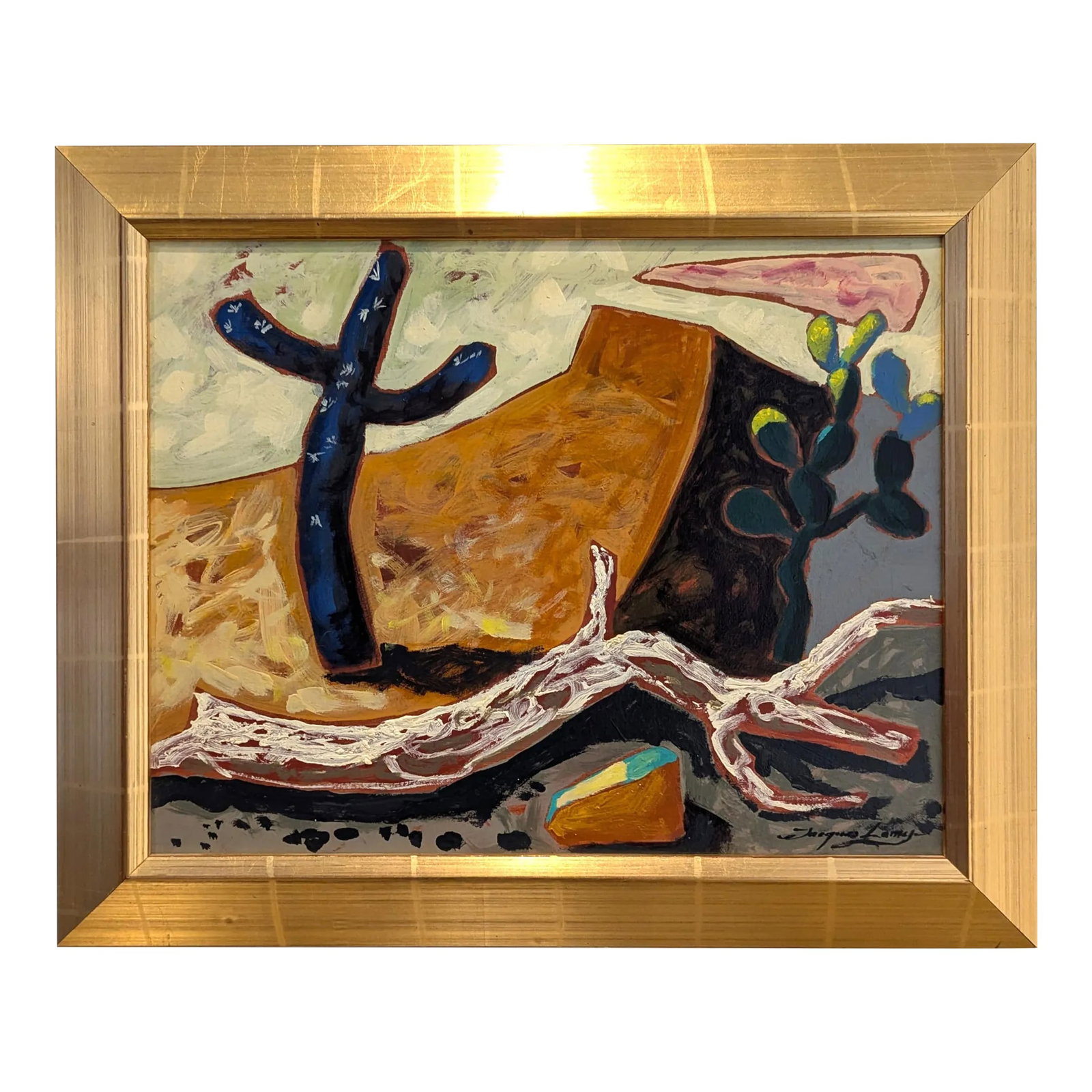 Bright Desert Landscape Titled "Desert Story" by Jacques Lamy: Vibrant and poetic surrealist Southwestern landscape with cacti. Acrylic on canvas. Signed lower right. Has original gallery tag. Framed. Measures 25" wide x 21" high. Jacques Lamy bio: Born in Paris