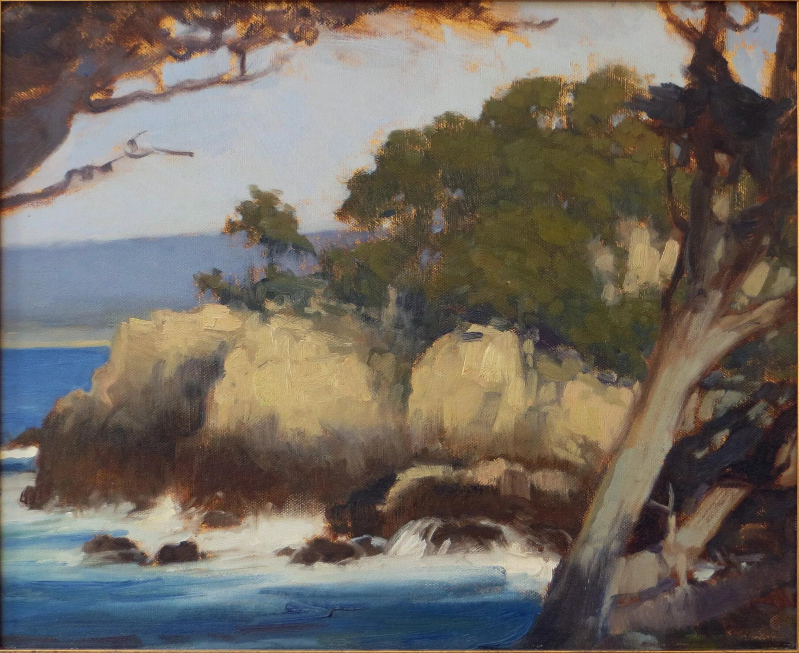 Point Lobos, California Brian Blood Plein Air Oil Painting: This oil on board is by the well-known California plein air artist Brian Blood (1962-). The painting depicts Point Lobos, just south of Monterey Bay. It measures 12 inches x 15 inches (16.5 inches x