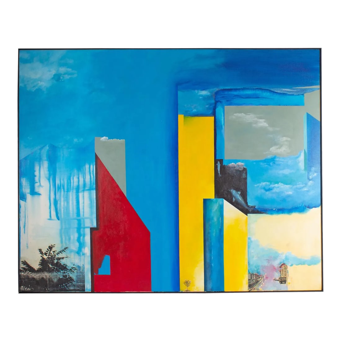 1999 Abstract Mixed Media Painting and Collage on Canvas by Anthony Louis Popcheff: A 1999 mixed media painting and collage by the American artist Anthony Louis Popcheff (1954-2003). The painting consists of primary red and yellow shapes reminiscent of a cityscape with collage