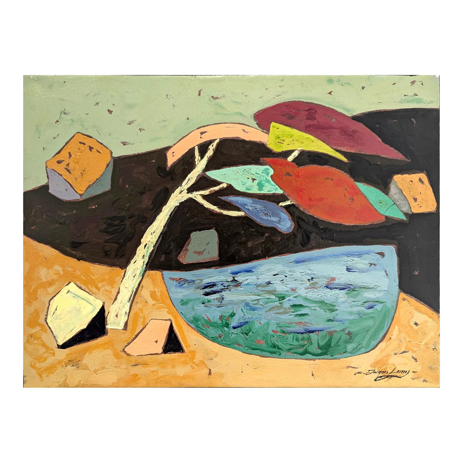 Bright Desert Landscape Titled "The Oasis" by Jacques Lamy: Vibrant and poetic surrealist painting of windswept tree next to an oasis. Acrylic on canvas. Signed lower right and on back. Has original gallery tag. Unframed. Measures 24" wide x 18" high Jacques