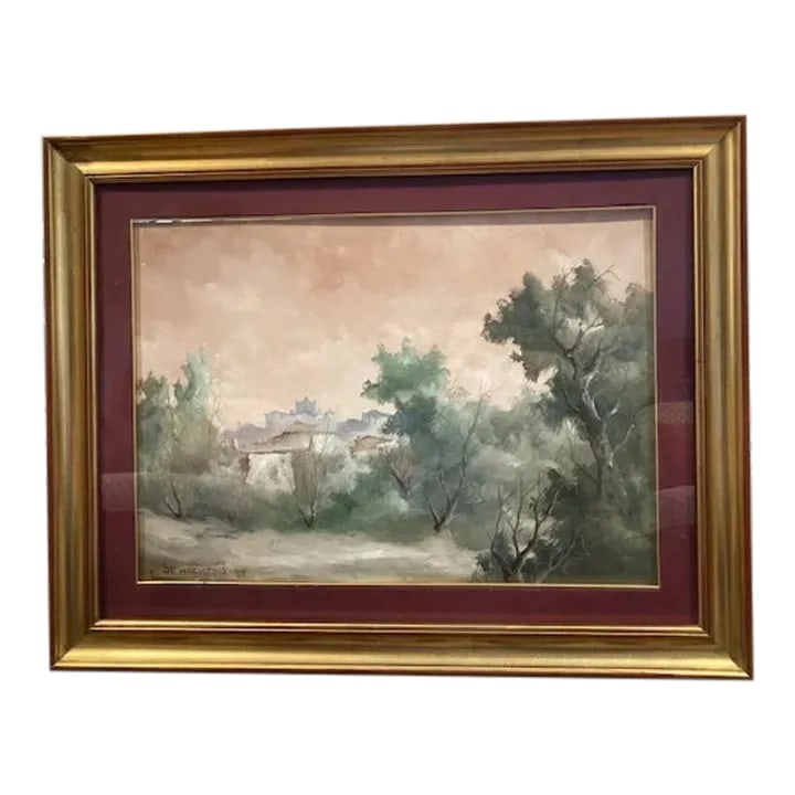 Italian Oil Painting by De Magistris: Beautiful Oil Painting in a stunning gold wood frame. Matted with a velvet border and ready to hang. Leo (Leonardo) De Magistris, Italian, born 1933, oil painting on canvas, Terracina Rome, 1970.