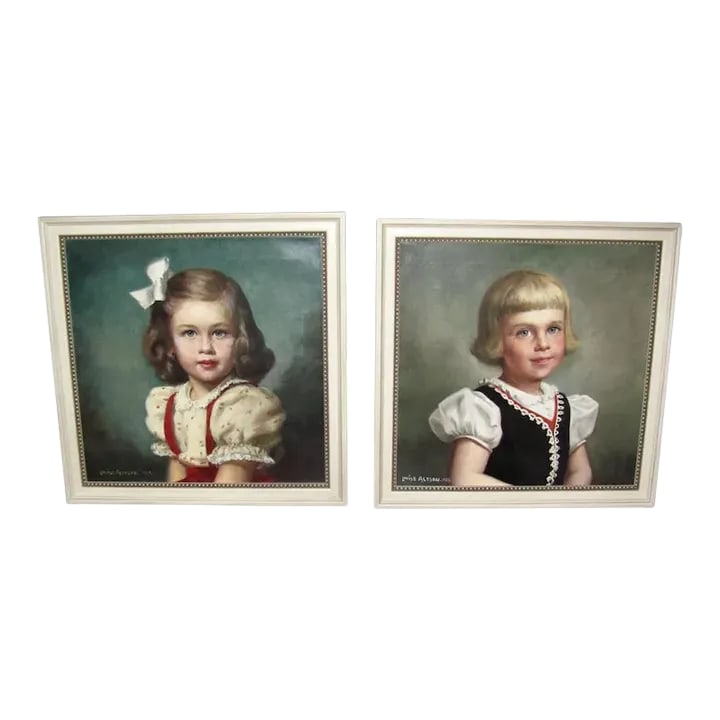 Pair of Vintage American Oil on Canvas Paintings Louise Altson Dated 1950's: A pair of oil on canvas portraits by American artist Louise Altson, 1910-2010, Belgium, America. Signed and dated 1957and 1955, in the lower left corner. The paintings are newly framed. One measures