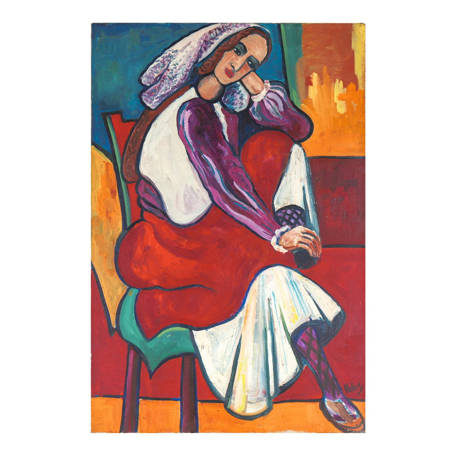 Topanga Canyon Woman 20th Century Oil: This mid-late 20th century oil on canvas work by distinguished Chicago artist and architect Helen Taylor Sheats (1910-1999). A University of Wisconsin graduate in art and science (1930), Sheats honed