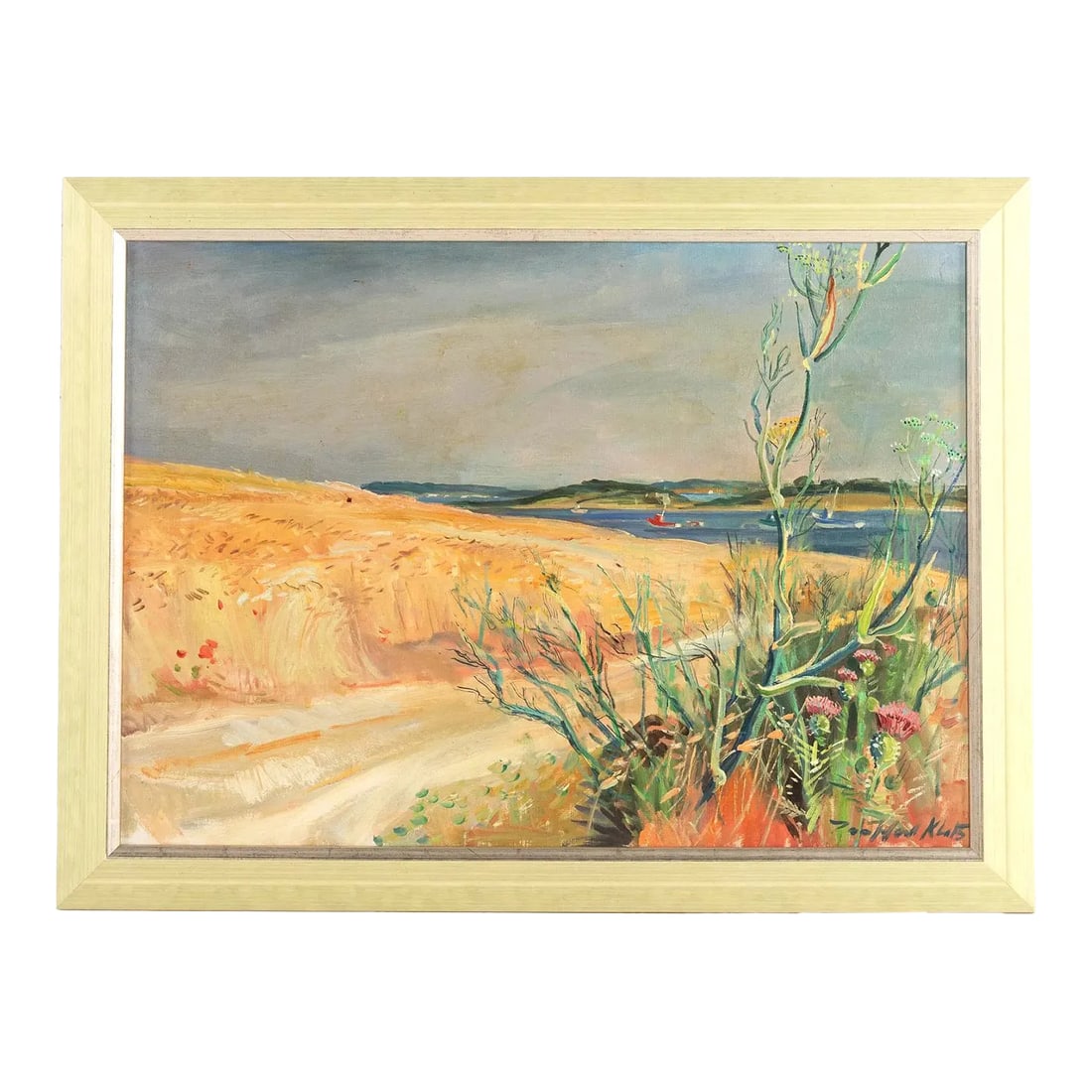 Original Signed T. Klots "A Tranquil Beach" Oil Painting: Original Signed Trafford Klots "A Tranquil Beach" Oil Painting on Canvas by American artist Trafford Partridge Klots (1913-1976). This serene coastal landscape captures the quiet beauty of the