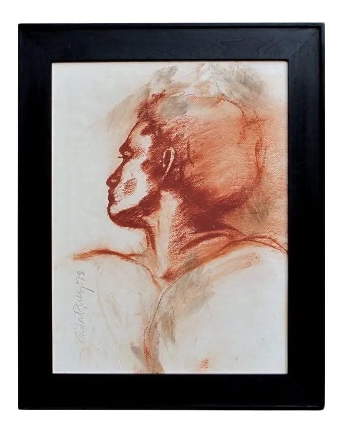 1970s Figurative Chalk Study Drawing by Richard Frey, Framed: A well-rendered American colored-chalk study of a male torso; signed "Richard Frey '73"; the serene pose with head facing right in an iron red chalk Condition: Alterations: Original Condition