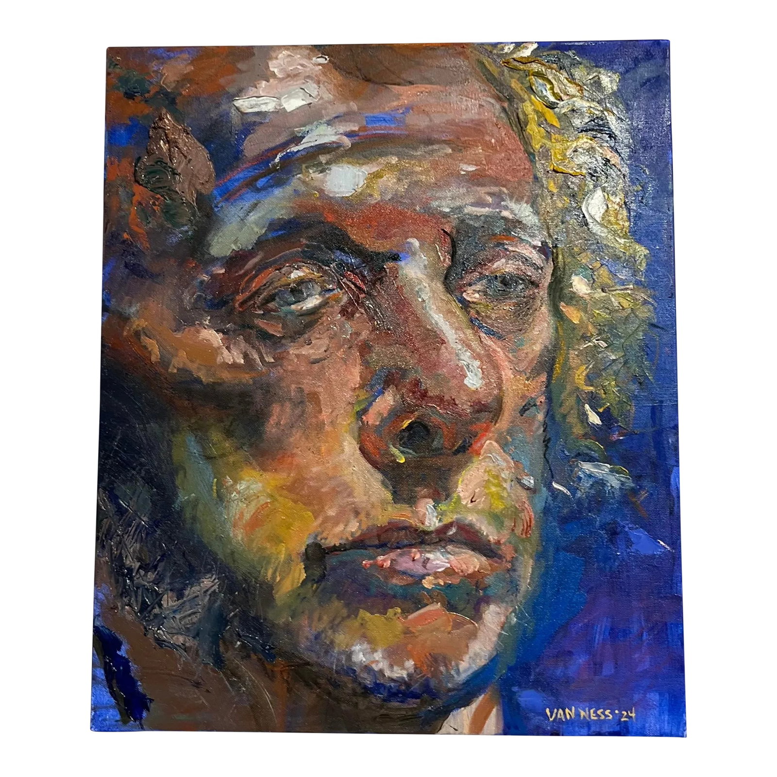 Portrait of a Man, Original Oil Paintings, by Van Ness: Portraiture, 20"x24" x2" on canvas, ready to hang. 2" gallery wrapped canvas, painted dark gray on sides. No need for a frame. A monumental oil painting, portrait of a man. As seen in galleries in CA,