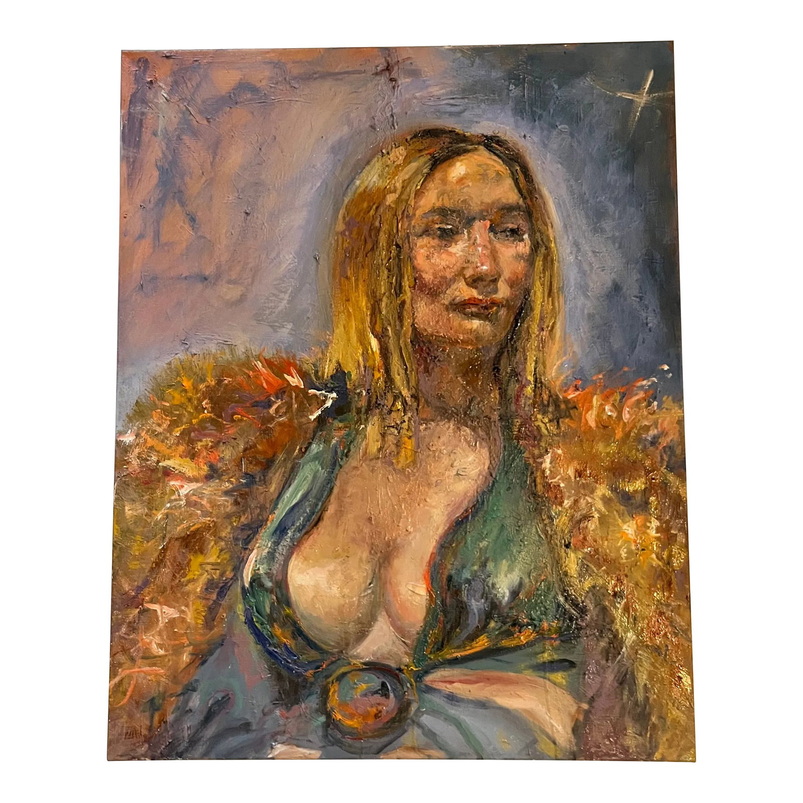 Portrait of a Woman, Contemporary Oil Paintings, Unique Art, by Van Ness: 24"x30" on gallery wrapped canvas, no frame needed. Woman in emerald green dress with fur wrap. As seen in galleries in CA, FL, MO & KS. Worldwide buyers, including New York to LA to Switzerland. You 