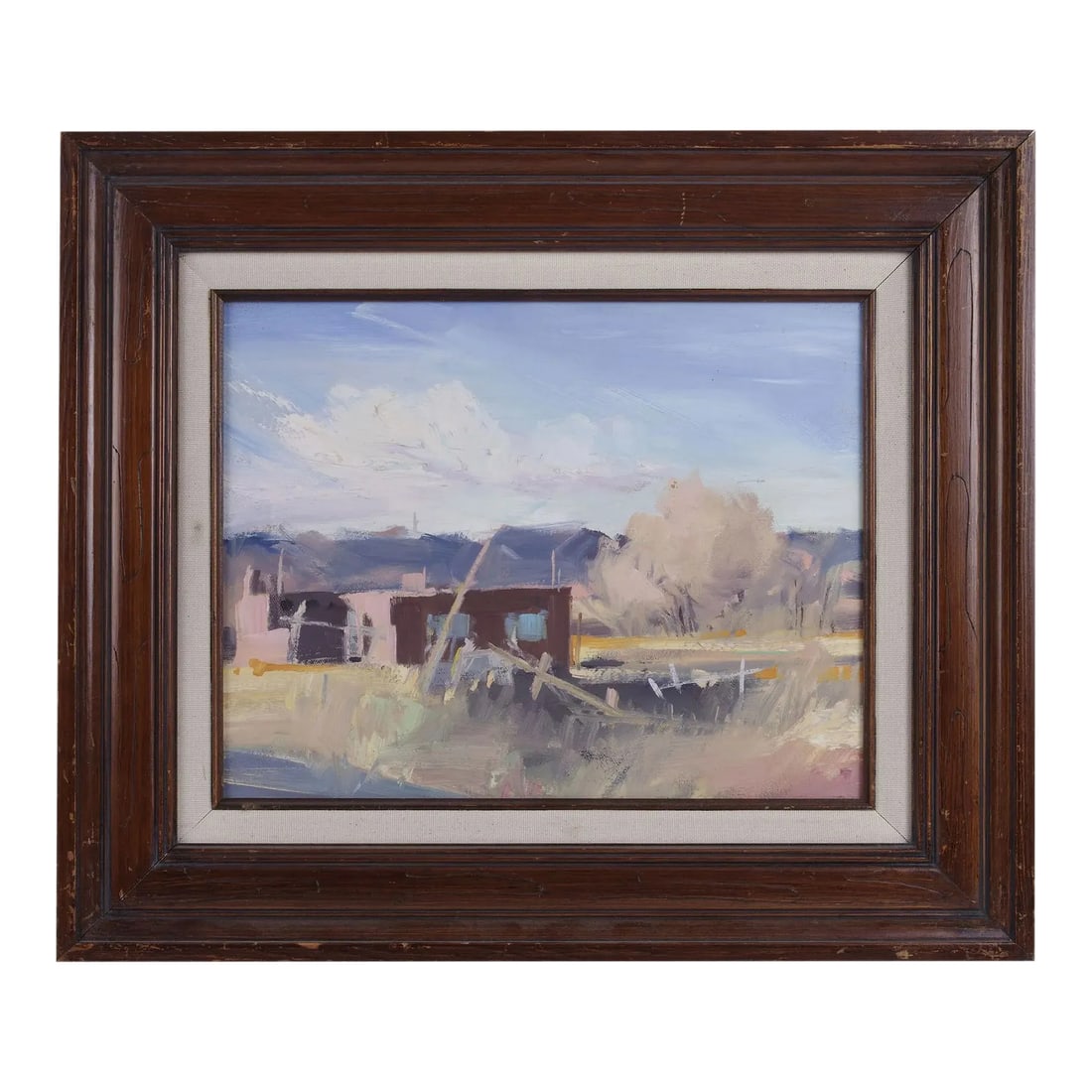 Unsigned Adobe House and Fields Oil Painting: Vintage unsigned Adobe House and Fields oil painting, circa 1980-90. This vintage painting is attributed to Howard Carr and comes framed as shown. Note scratches on frame and smudges on mat.