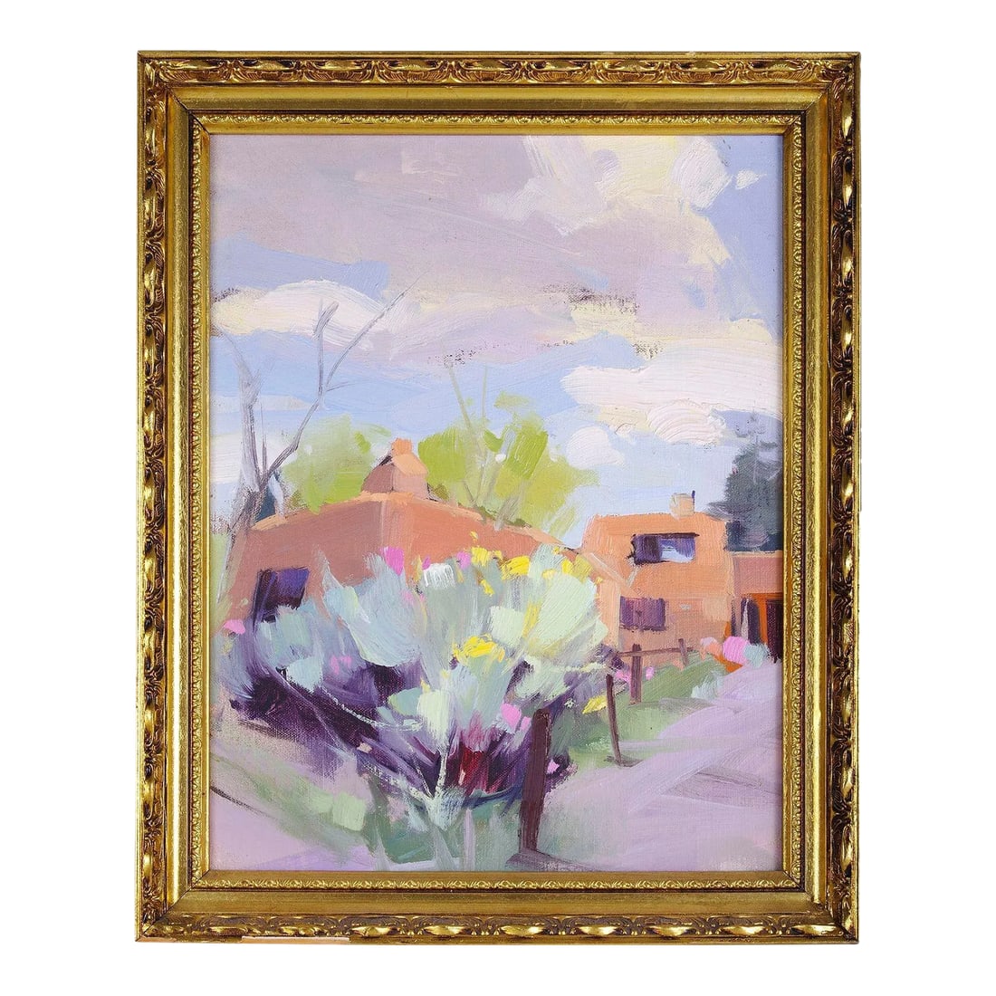 Unsigned Missionary Stucco With Floral Oil Painting: Vintage unsigned Missionary Stucco with Floral oil painting, circa 1980-90. This painting is attributed to Howard Carr and comes framed as shown. Dimensions 13.5"H x 10.5"W (Image); 16"H x 13"W x