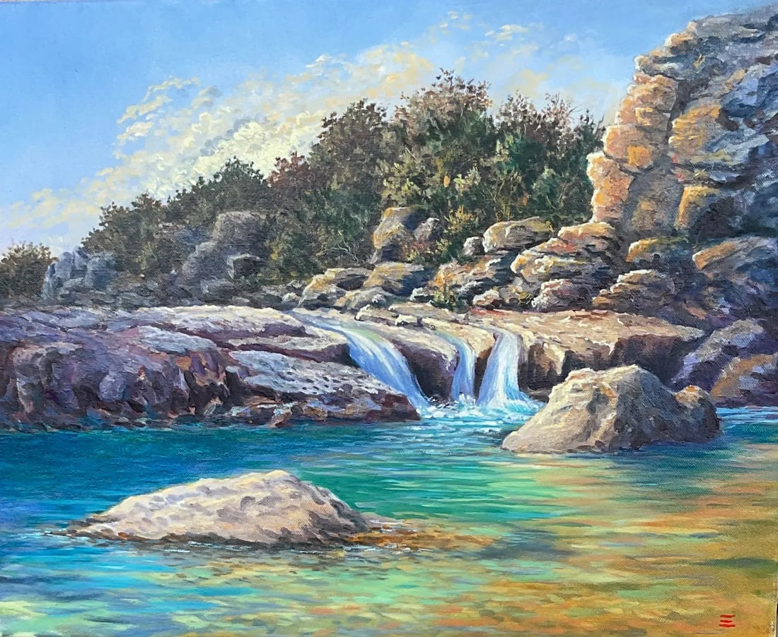 Outside Tarpley" Acrylic Landscape Painting 20"x16: Basking in the untouched beauty of the Texas Hill Country, "Outside Tarpley" captures the quiet power of a hidden waterfall nestled in this remote landscape. American artist Thom Evans uses vivid