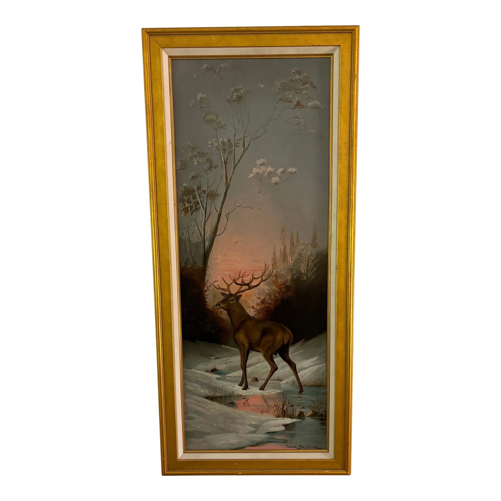 Vintage Oil on Canvas in the Style of Rosa Bonheur- Stag in Snowy Landscape (1 of 9)