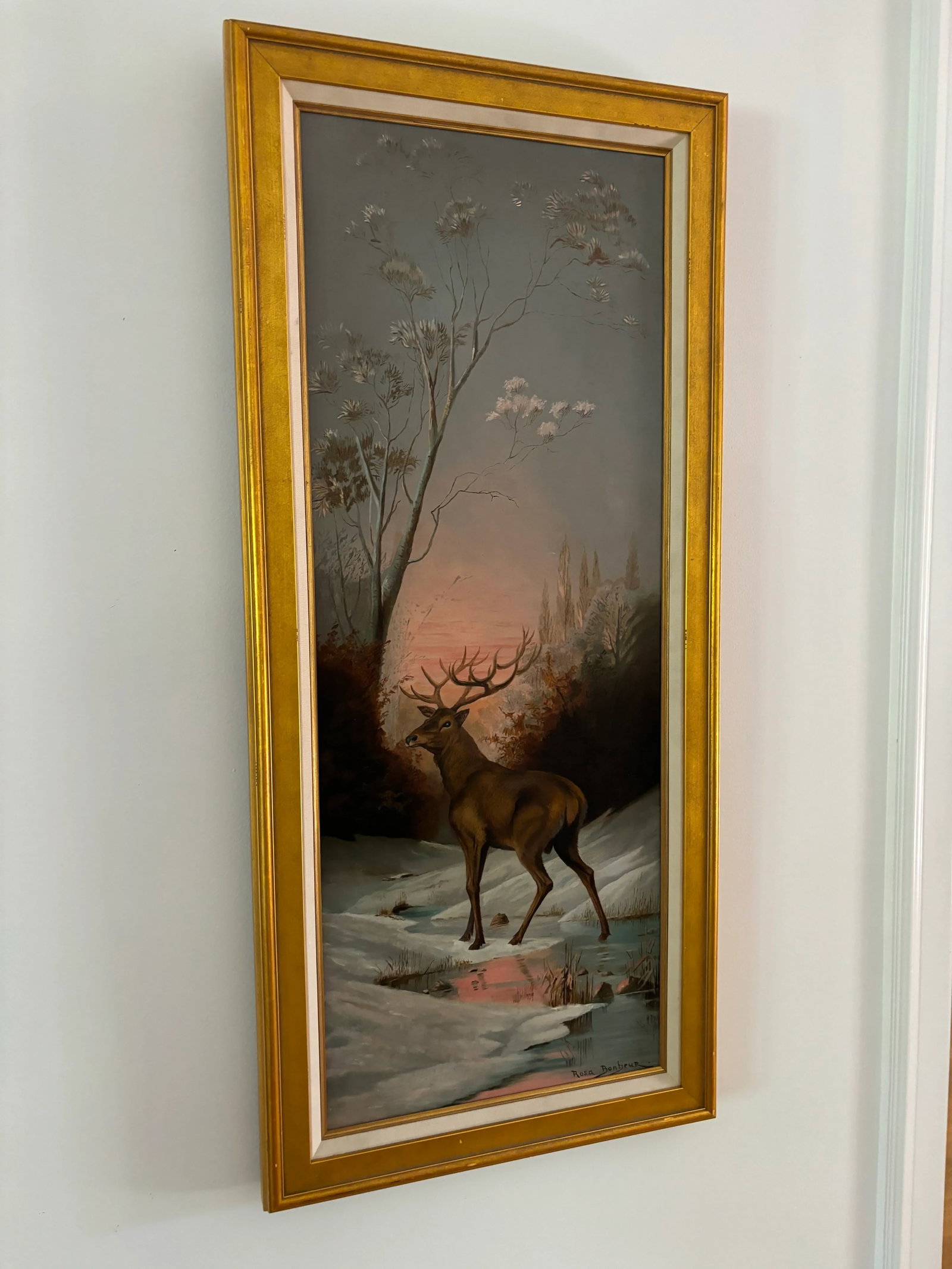 Vintage Oil on Canvas in the Style of Rosa Bonheur- Stag in Snowy Landscape - 2