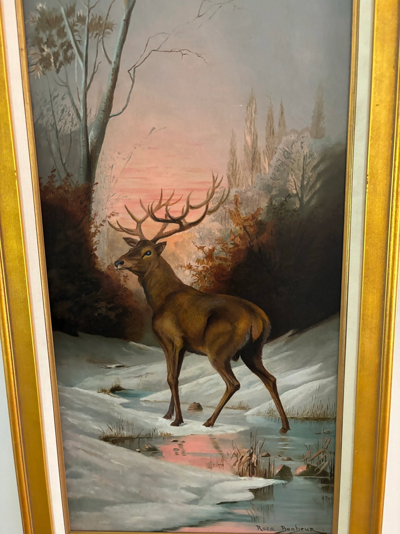 Vintage Oil on Canvas in the Style of Rosa Bonheur- Stag in Snowy Landscape - 3