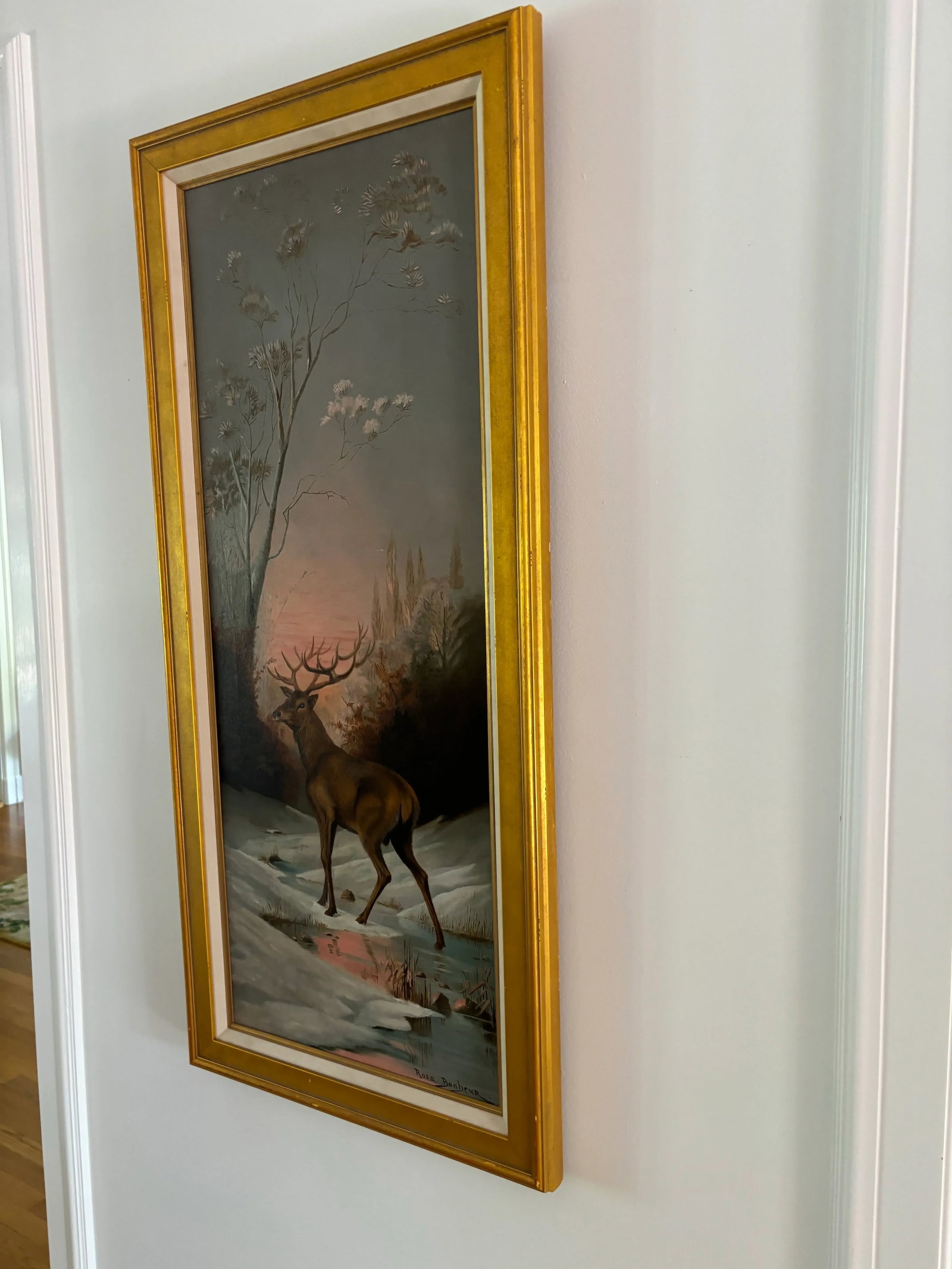 Vintage Oil on Canvas in the Style of Rosa Bonheur- Stag in Snowy Landscape - 4