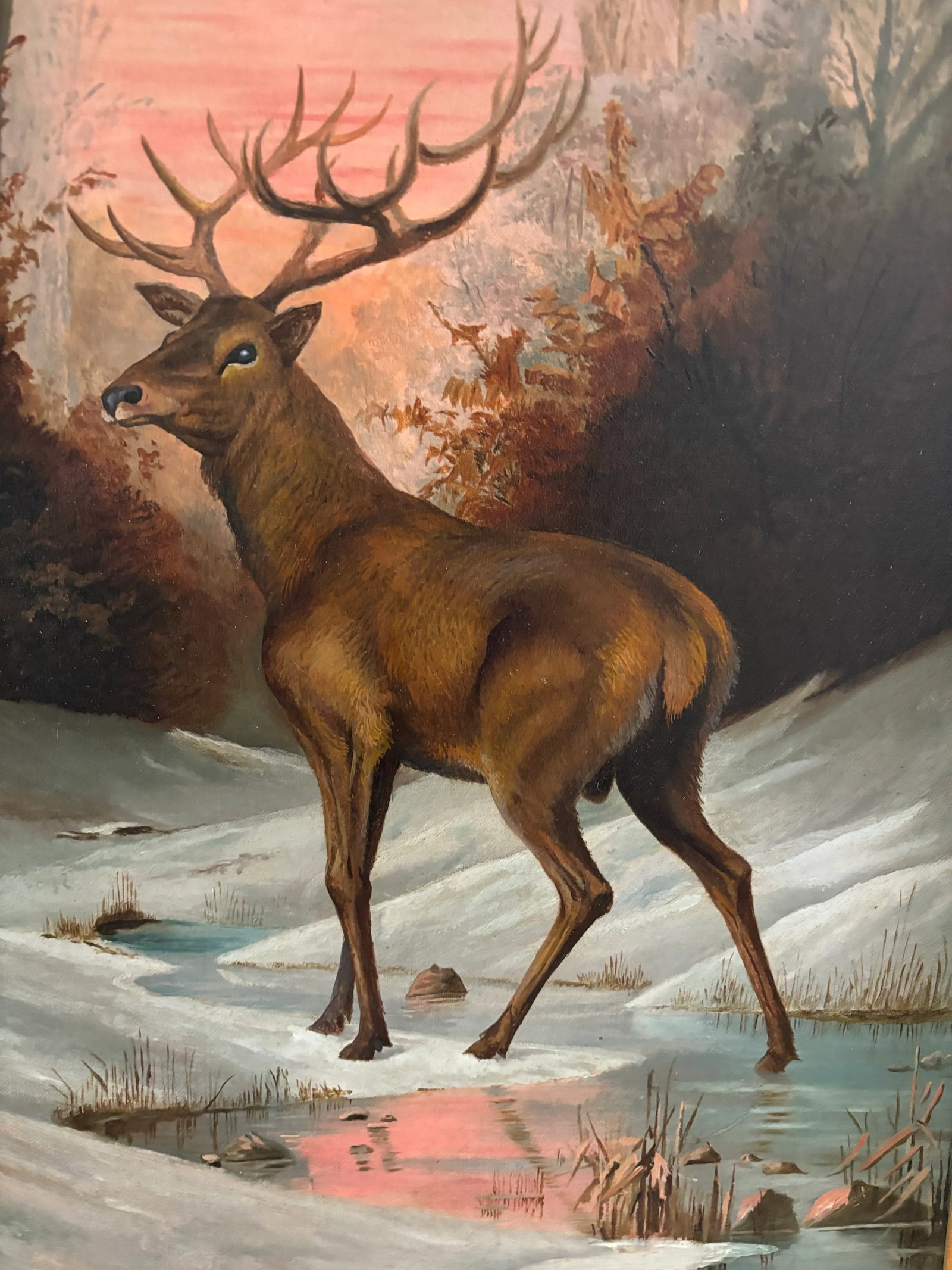 Vintage Oil on Canvas in the Style of Rosa Bonheur- Stag in Snowy Landscape - 5