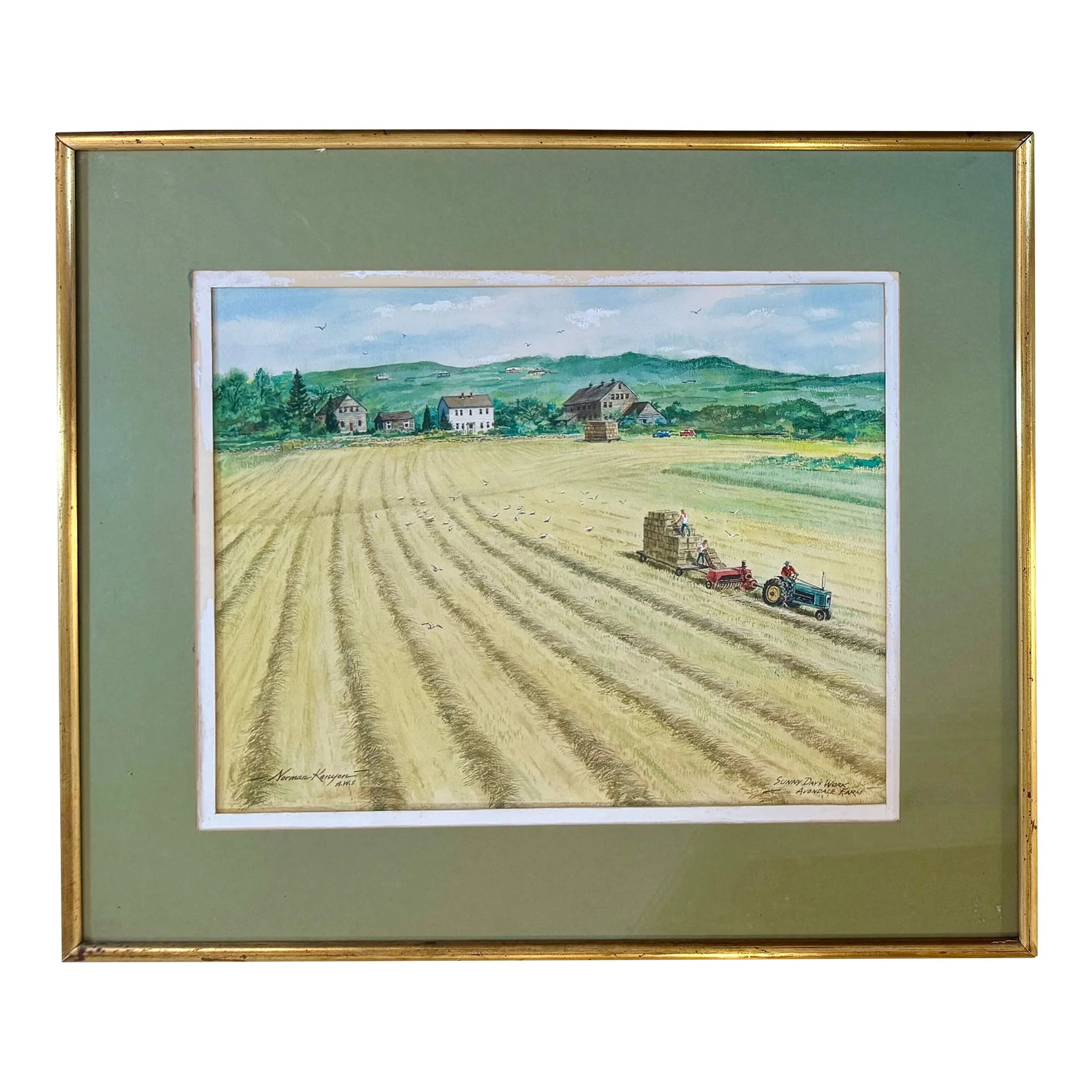 Framed Watercolor New England Farm Landscape, Norman Kenyon 1974: Artist Norman Kenyon's signed 1974 watercolor, "A Sunny Day's Work," captures the beauty of the Rhode Island farm - Avondale - nestled in the rolling hills of the New England countryside. Rendered in