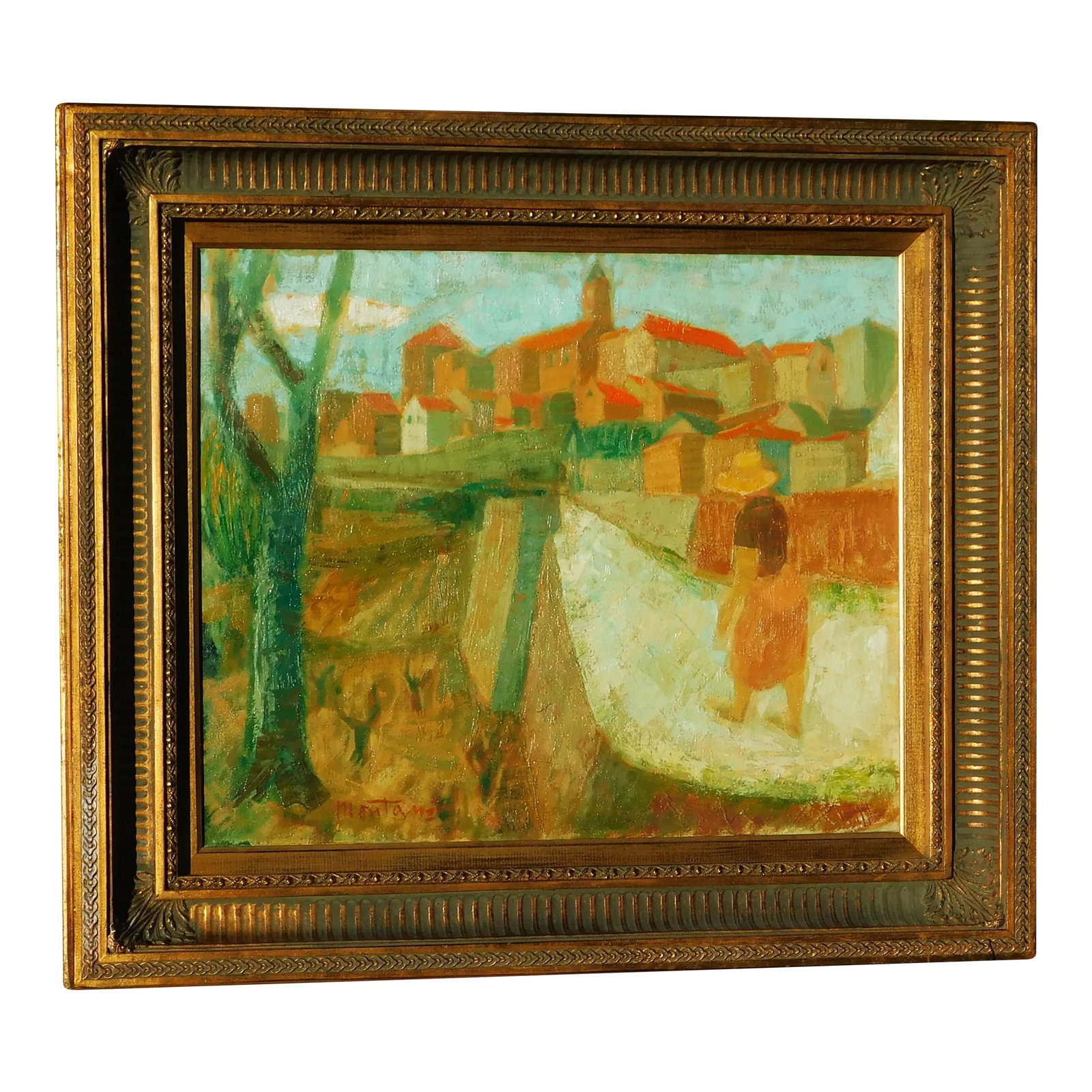 Roger Montane B.1916 French Artist Cityscene With Figure: Vintage early- mid 20th century oil painting on canvas by noted French artist, Roger Montane (1916-2002). Canvas size 20 x 24 , signed lower left. Newer frame. Condition: Alterations: Original Conditi