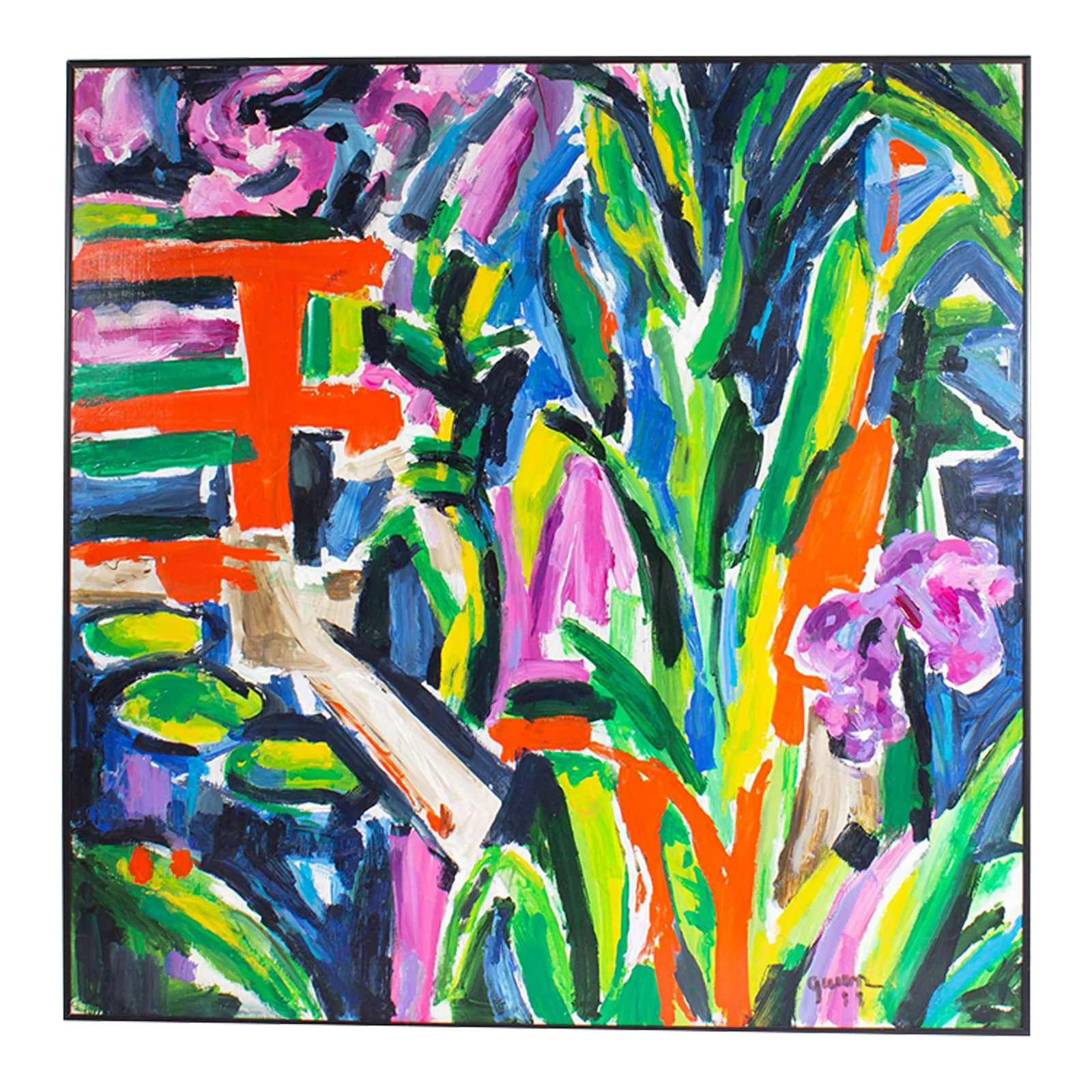 1988 "Bridge and Garden" Acrylic on Board Abstract Painting by Gwen Doppler: A 1988 acrylic painting on board by the American artist Gwen Doppler (1927-2021). Titled Bridge and Garden, this painting is brightly colorful with loud greens, purples, blues, and reds in a splay of