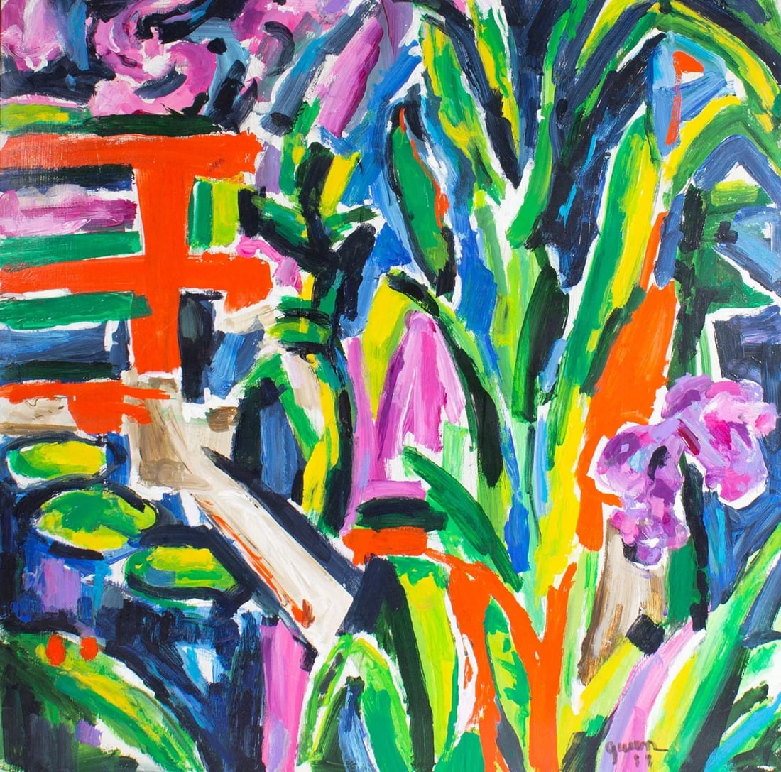 1988 "Bridge and Garden" Acrylic on Board Abstract Painting by Gwen Doppler - 6