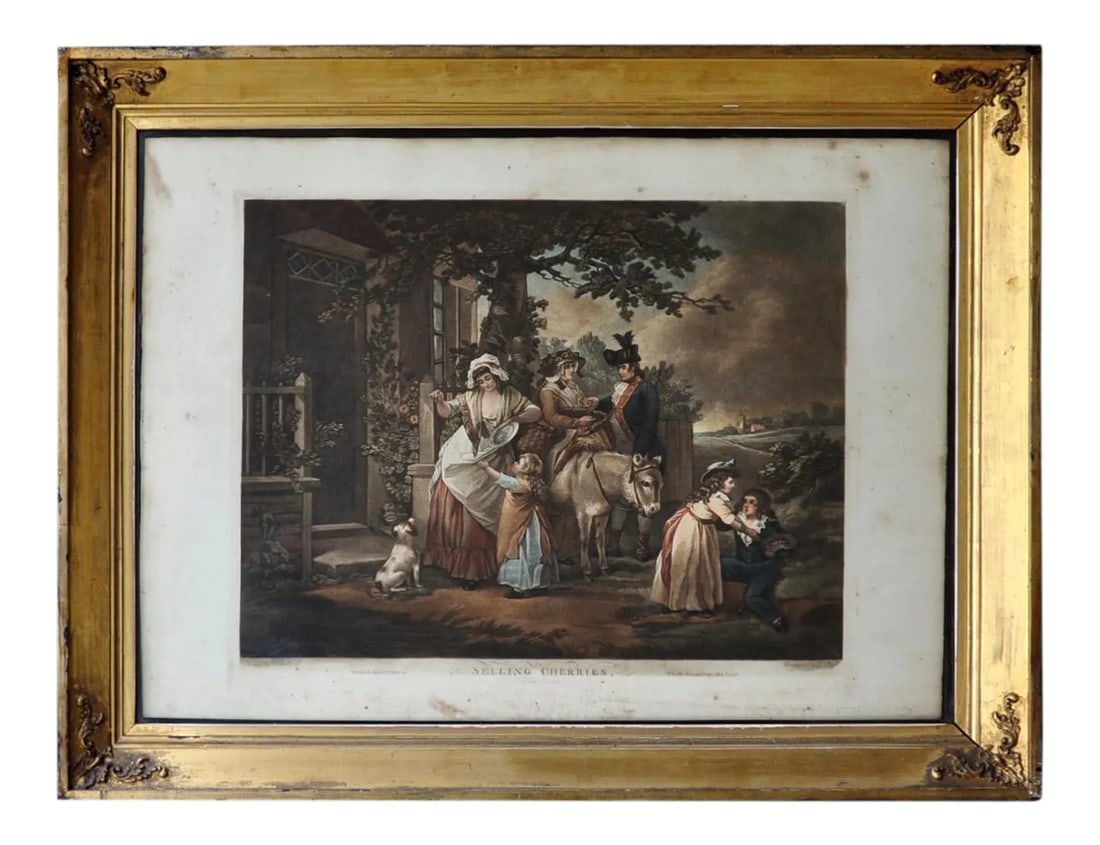 Early 19th Century Hand Colored Engraving Titled "Selling Cherries" After George Morland, Framed: (YOU CAN MAKE REASONABLE OFFERS). This is a rare original hand colored engraving after the 1797 painting by George Morland (British, 1763-1804). It is titled "Selling Cherries". The engraving was done