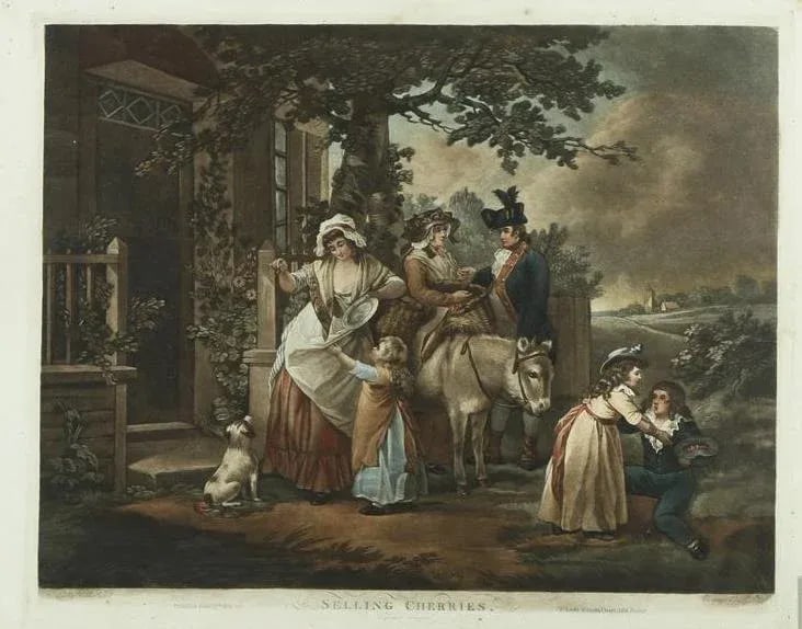 Early 19th Century Hand Colored Engraving Titled "Selling Cherries" After George Morland, Framed - 3