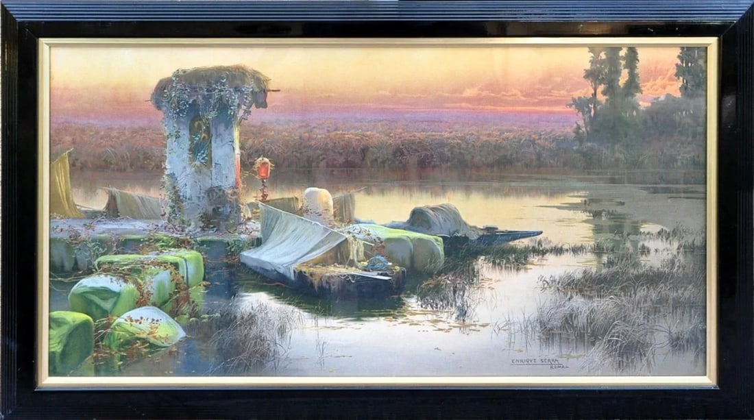 Vintage Framed Chromolithograph "Lagunas Pontinas" After Enrique Serra Y Auque - 13