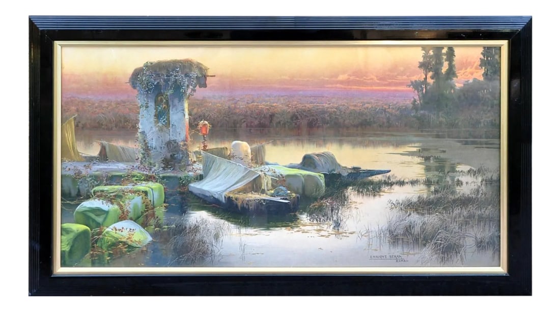 Vintage Framed Chromolithograph "Lagunas Pontinas" After Enrique Serra Y Auque: (YOU CAN MAKE REASONABLE OFFERS). This is a beautiful chromolithograph titled Lagunas Pontinas (Pontinas Lagoons in English) after the painting by Enrique Serra Y Auque (Spanish/Italian, 1859-1918). I