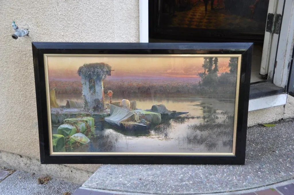 Vintage Framed Chromolithograph "Lagunas Pontinas" After Enrique Serra Y Auque - 8