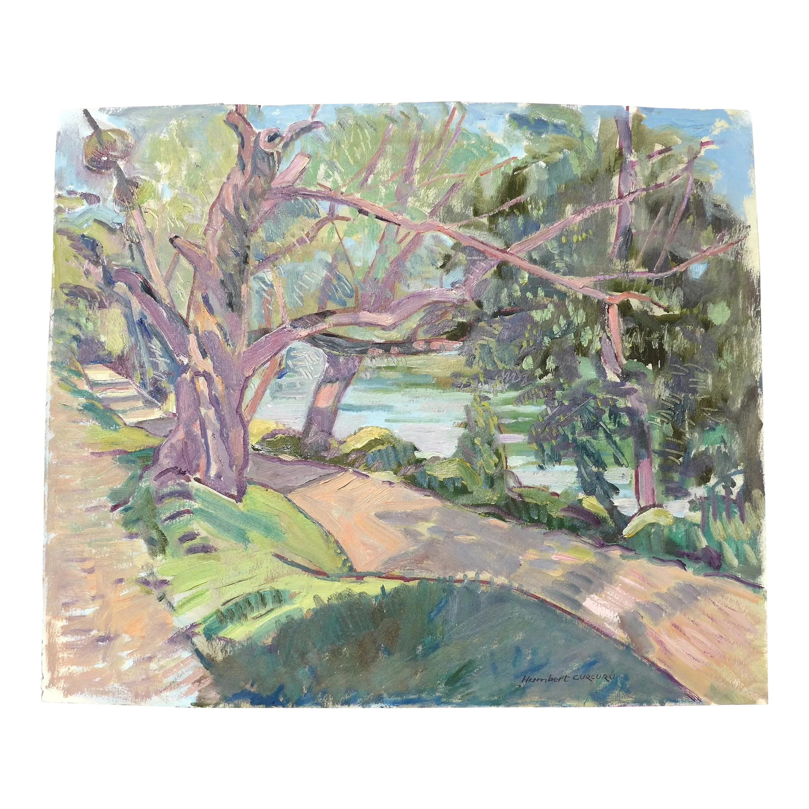 Trees by the River Seine in France. Oil Painting by Listed French Artist: This beautiful painting is from a private collection. River in France series by Listed artist. Painted in plein air. Several of the photos depict the painting in a room setting. Enjoy this painting
