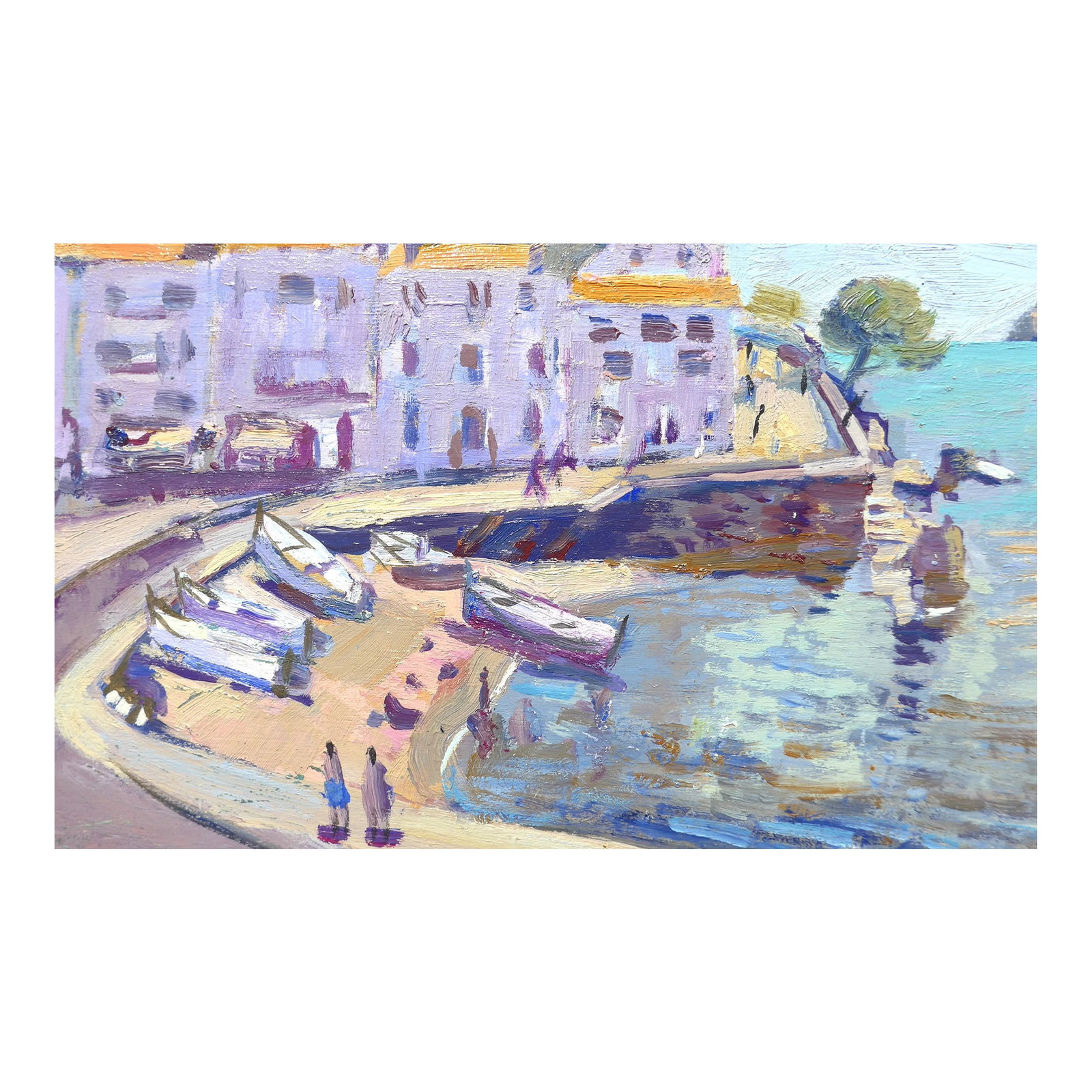 Port De Pecheurs La Matin: .Over 26 people have like this painting. Be the one to own it or give it as a gift! Original oil on wood panel, wired and ready to hang. Painted in plein air by a French artist visiting the Spanish