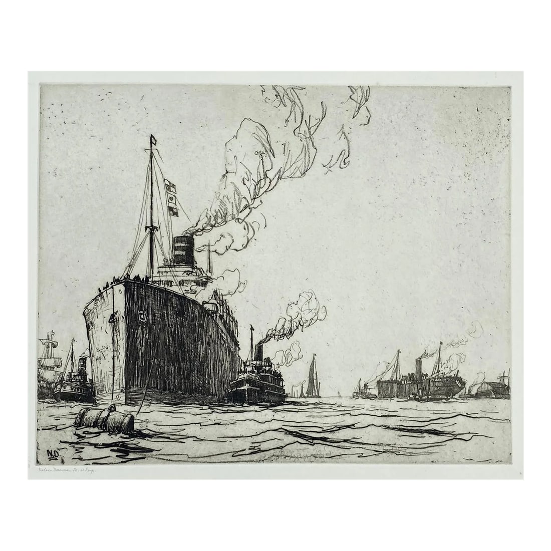 Nelson Dawson Nautical Antique Etching: Large scale harbor etching by English artist Nelson Ethelred Dawson (1859-1941) "The Signal" pencil signed lower left. Plate: 14 x 17.25 inches Sheet: 18 x 22 inches Condition: Alterations: Original C