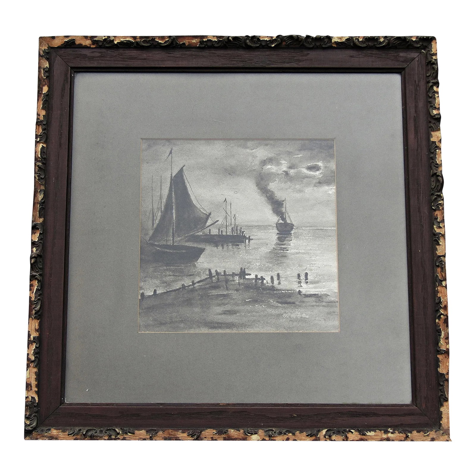 Antique Nautical Watercolor/Ink on Paper - Signed Harbor Scene in Ornate Frame, Chas. W. Thurmond St: Antique Nautical Watercolor/Ink on Paper - Signed Harbor Scene in Ornate Frame, Chas. W. Thurmond Stamp This antique watercolor and ink painting presents a striking harbor scene with sailboats moored 