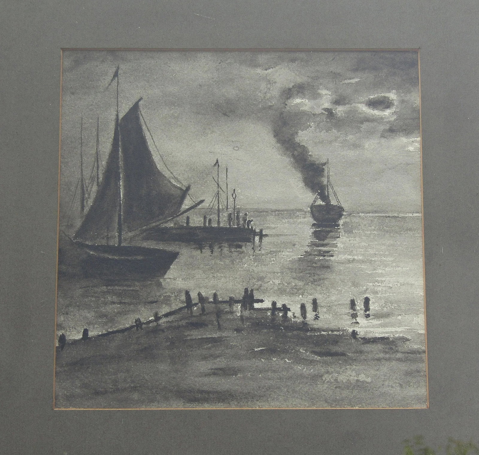 Antique Nautical Watercolor/Ink on Paper - Signed Harbor Scene in Ornate Frame, Chas. W. Thurmond St - 2