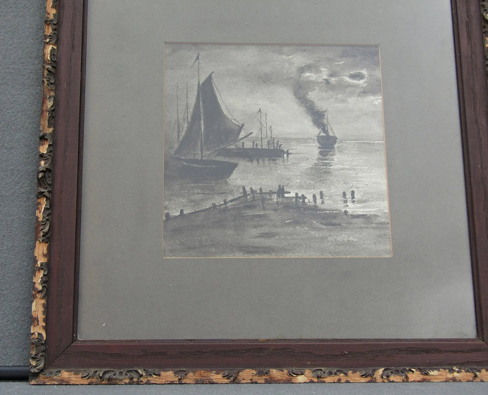 Antique Nautical Watercolor/Ink on Paper - Signed Harbor Scene in Ornate Frame, Chas. W. Thurmond St - 8