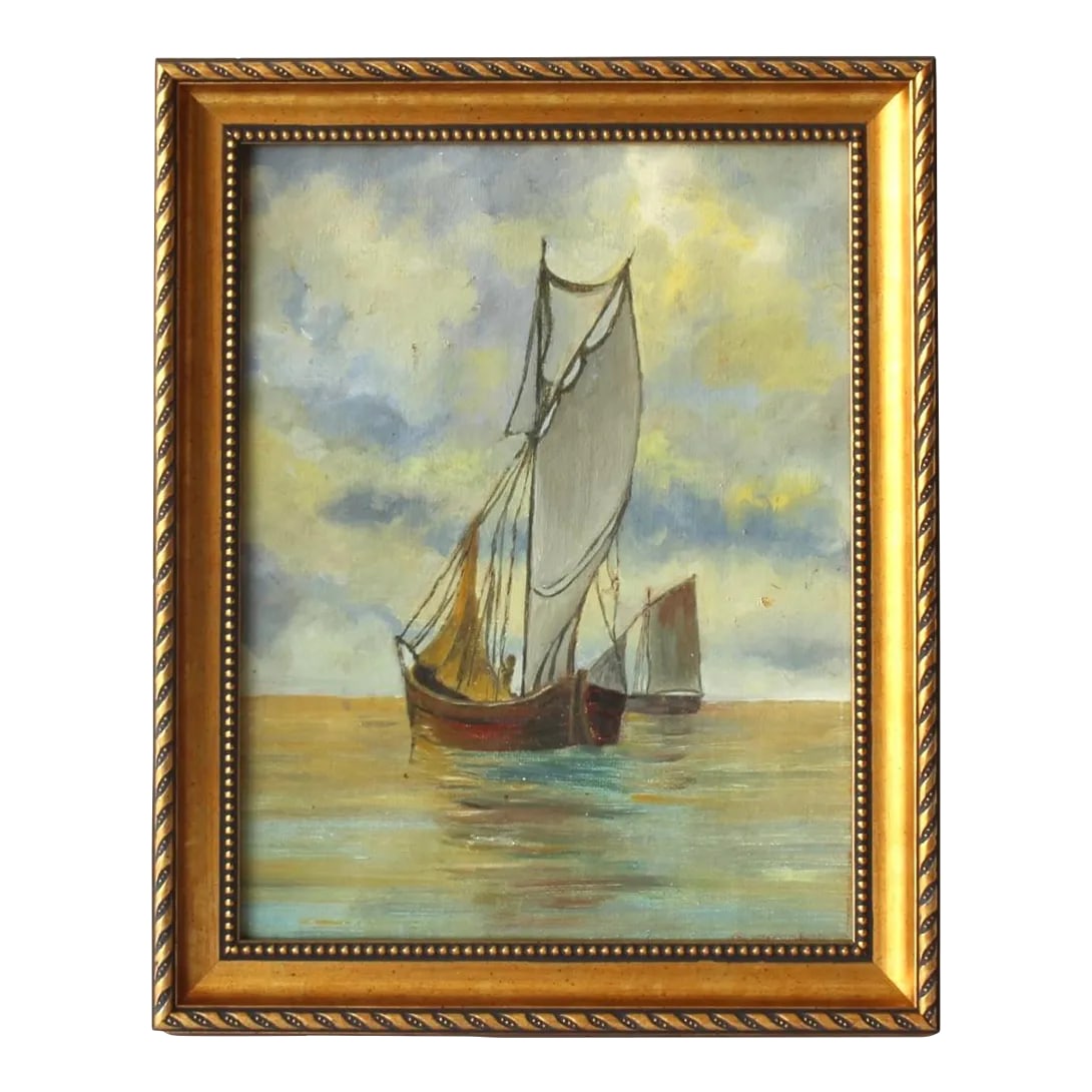 Mid 20th Century Mid Century French Seascape With Sailboats, Framed: This captivating midcentury seascape features two sailboats gliding peacefully across calm waters, set against a beautifully rendered sky of soft clouds. The painting evokes a sense of tranquility and