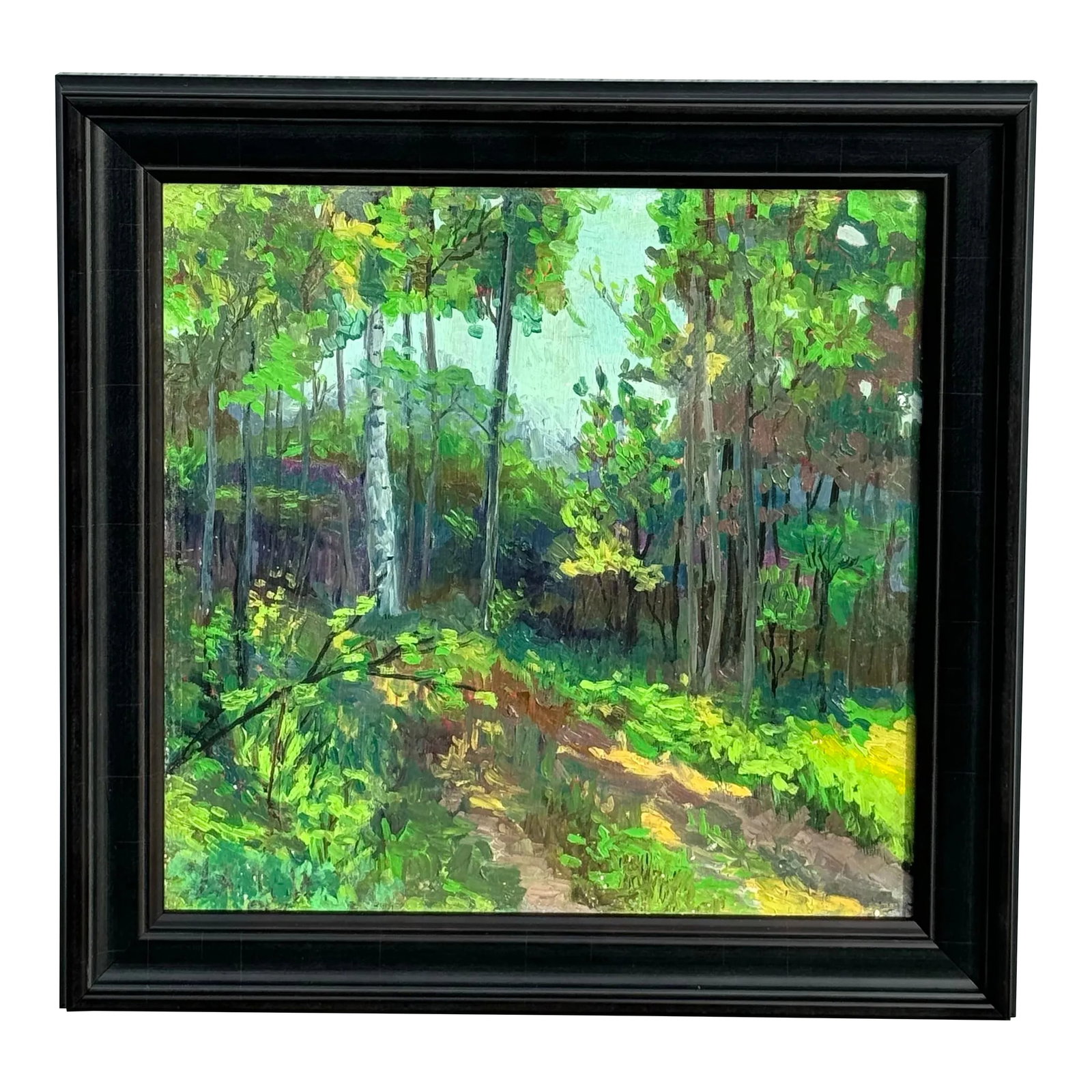 Late 20th Century Original Vintage Impressionistic Painting of a Forest Path: Original painting depicting a lush forest path and dappled light through the trees. This impressionist piece features rich green, brown and gold tones and impasto brushstrokes. Measures 14 3/4 x 14 3/