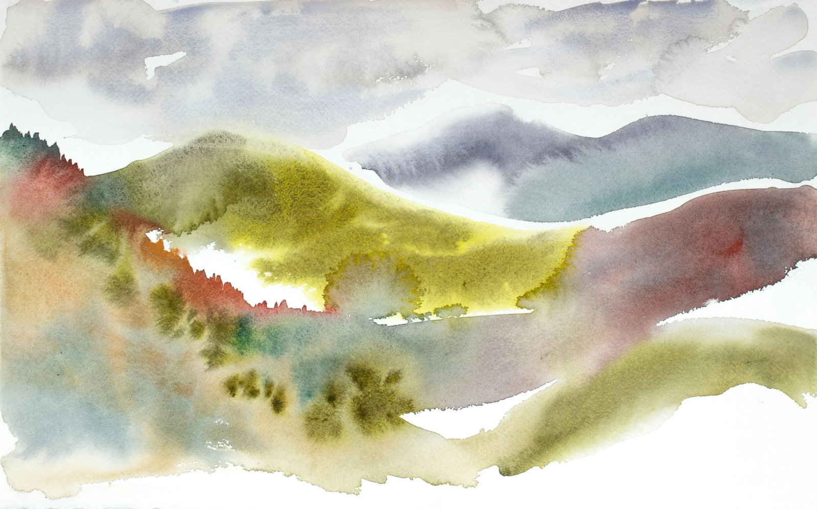 "Autumnal No. 25" Contemporary Original Abstract Mountain Landscape Watercolor Painting by Elizabeth: Original watercolor painting on 140 lb Arches cold press paper Artist: Elizabeth Becker Year: 2024 Image and Paper Size: 10" x 16" Signed on front Condition: Imperfections: No Imperfections Origin: U