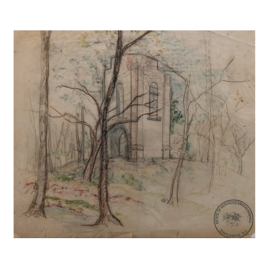 1950s Mercedes Hoshall Colonial Dorchester Ruins Charleston: Mercedes Erixon Hoshall (1904-1994). Hoshall worked in Colorado, Oklahoma and the American West before retiring in Charleston, South Carolina. This depicts the bell tower of St George Anglian church