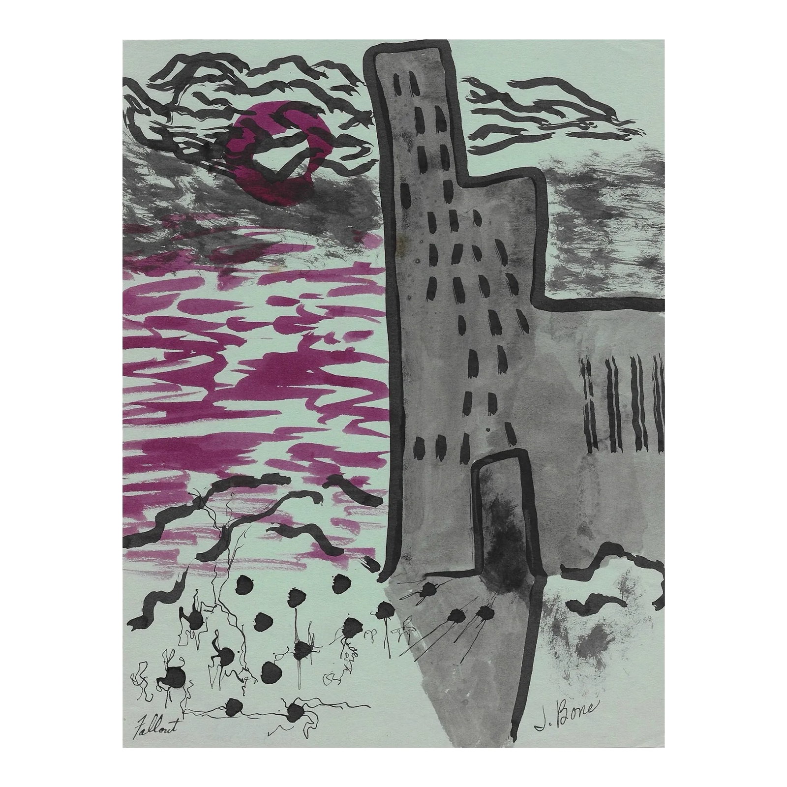 1950s James Bone Modern Landscape Painting: From the estate of Chicago artist James Frederic Bone (1929-2015), watercolor on paper, signed lower right and titled "Fallout" lower left. Bone was born in Brownsville, Texas and moved to the Hyde Pa