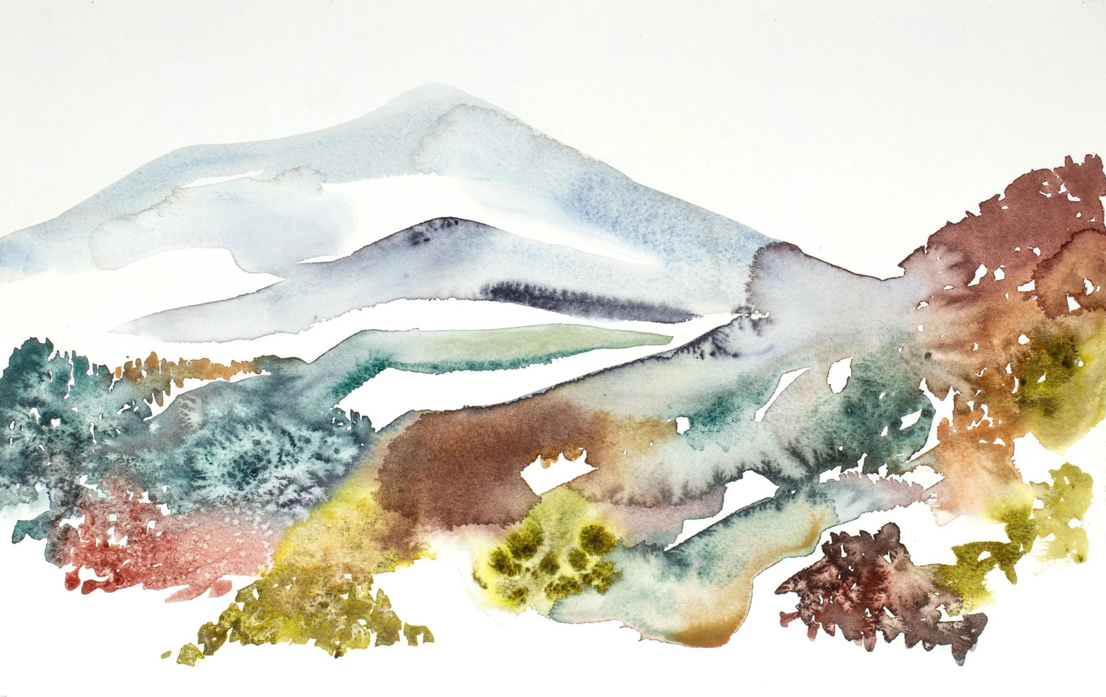 "Autumnal No. 18" Contemporary Original Abstract Mountain Landscape Watercolor Painting by Elizabeth: Original watercolor painting on 140 lb Arches cold press paper Artist: Elizabeth Becker Year: 2024 Image and Paper Size: 10" x 16" Signed on front Condition: Imperfections: No Imperfections Origin: U
