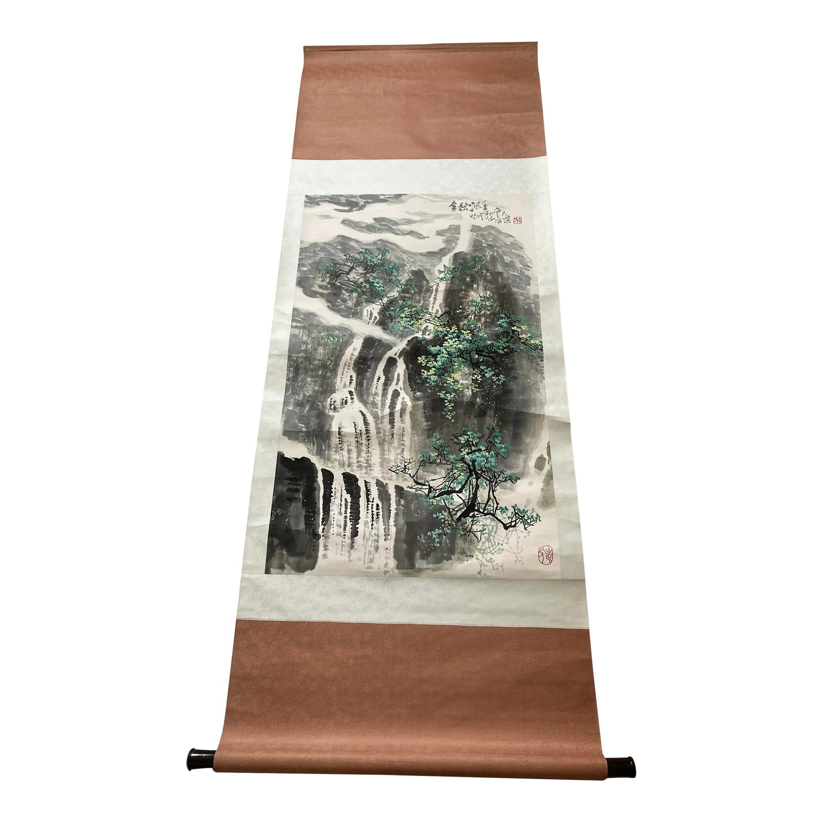Waterfalls in Nature, Landscape Painting: Actual image dimensions are 21.5" W x 35.5" H Reel hanging dimensions are 25"W x 68.5" H. The picture can be framed. This natural scenery is in Dalian near the Bohai Sea. Dalian is located in Liaoning